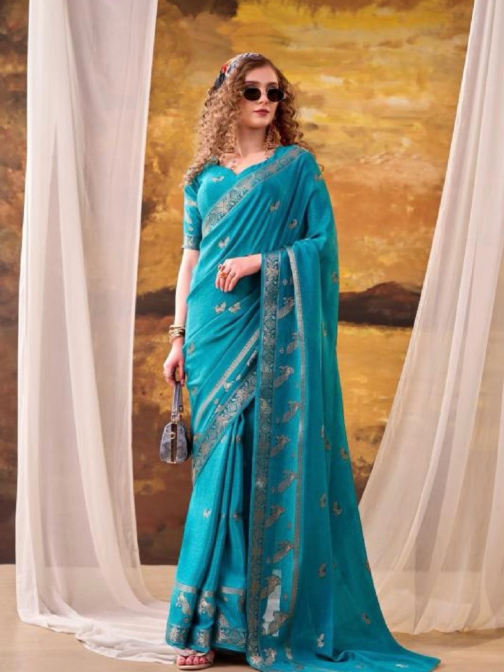 Turquoise Blue pure crape light weight  Saree